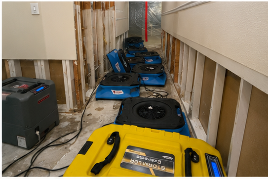 Emergency flood damage restoration & water mitigation in Buda, TX — air movers and dehumidifiers with flood cuts on drywall during water damage cleanup