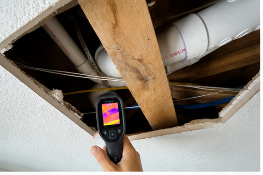 Emergency water damage restoration & mitigation in Austin, TX — IICRC certified technician using thermal imaging camera to locate hidden ceiling pipe leak for water damage cleanup