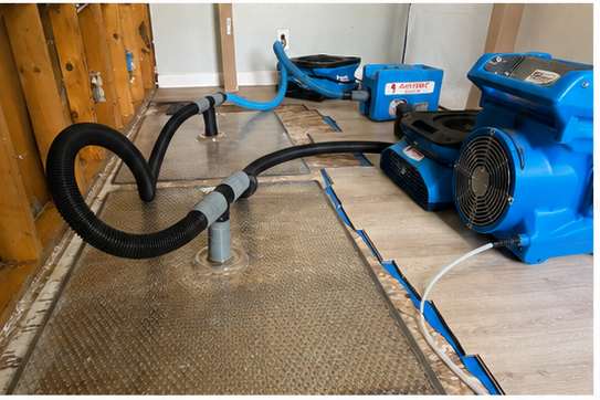 Emergency water damage restoration & mitigation in San Marcos, TX — Injectidry hardwood floor drying mats and air movers for water-damaged wood floors