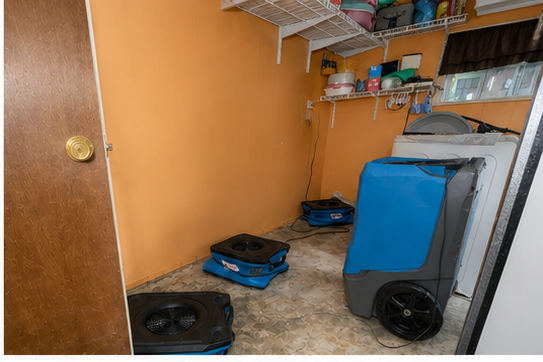 Emergency water damage restoration & mitigation in Pflugerville, TX — industrial LGR dehumidifier and air movers performing structural drying after water leak